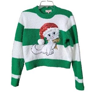 Merry Christmas by Poof Sweater Sz Medium Green White Sparkle Kitty Hat Bell NWT